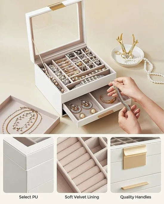 FurnStar - Sieradendoos met Glazen deksel - 3-laags Sieradenorganizer met 2 lades - Sieradenopslag - Opbergruimte - Modern - Cadeau-idee - 20 -3 x 23 -1 x 13 -5 cm - Wolwit en goud