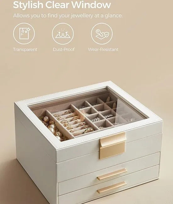 FurnStar - Sieradendoos met Glazen deksel - 3-laags Sieradenorganizer met 2 lades - Sieradenopslag - Opbergruimte - Modern - Cadeau-idee - 20 -3 x 23 -1 x 13 -5 cm - Wolwit en goud
