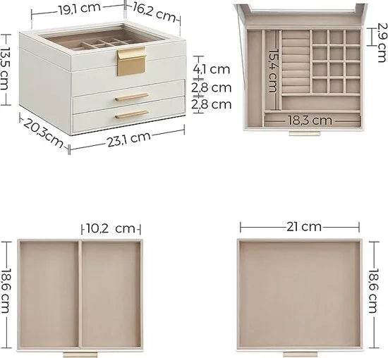 FurnStar - Sieradendoos met Glazen deksel - 3-laags Sieradenorganizer met 2 lades - Sieradenopslag - Opbergruimte - Modern - Cadeau-idee - 20 -3 x 23 -1 x 13 -5 cm - Wolwit en goud
