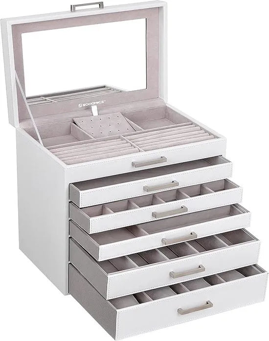 FurnStar Sieradendoos - Sieradenorganizer - Grote Sieradendoos - met 6 Lagen en 5 Laden - Wit