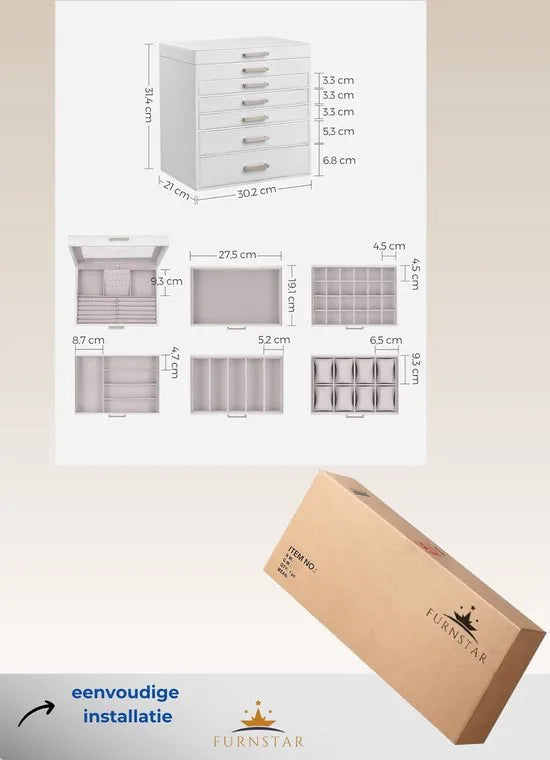 FurnStar Sieradendoos - Sieradenorganizer - Grote Sieradendoos - met 6 Lagen en 5 Laden - Wit