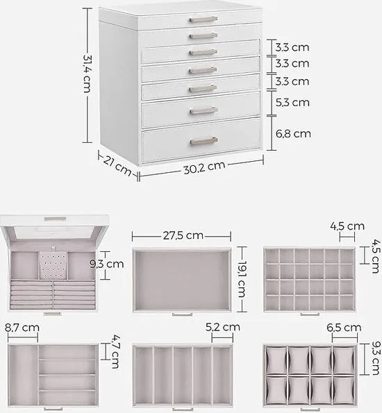 FurnStar Sieradendoos - Sieradenorganizer - Grote Sieradendoos - met 6 Lagen en 5 Laden - Wit