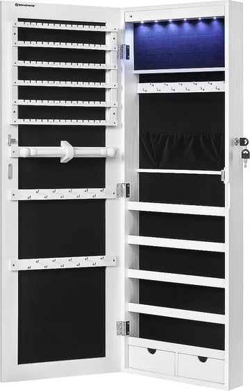 FurnStar - Sieradenkast Hangend - Spiegelkast met LED Binnenverlichting - Wandkast met Volledige Spiegel - Wandmontage - Hangdeur - Geschenk - Wit