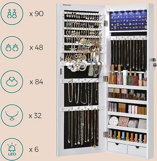 FurnStar - Sieradenkast Hangend - Spiegelkast met LED Binnenverlichting - Wandkast met Volledige Spiegel - Wandmontage - Hangdeur - Geschenk - Wit