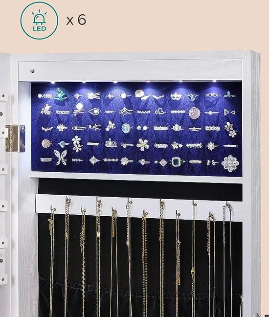 FurnStar - Sieradenkast Hangend - Spiegelkast met LED Binnenverlichting - Wandkast met Volledige Spiegel - Wandmontage - Hangdeur - Geschenk - Wit