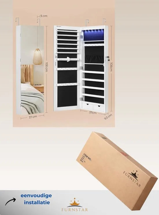 FurnStar - Sieradenkast Hangend - Spiegelkast met LED Binnenverlichting - Wandkast met Volledige Spiegel - Wandmontage - Hangdeur - Geschenk - Wit