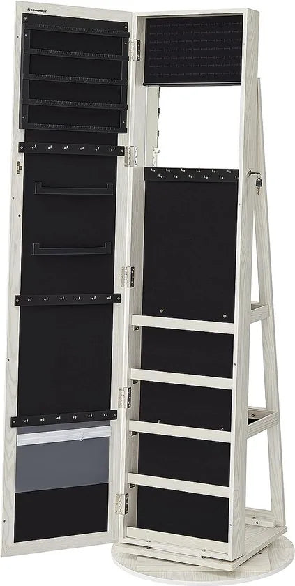 FurnStar - Sieradenkast - Spiegelkast 360° - Draaibaar Afsluitbaar 3-in-1 Sieradenopberger met spiegelplanken - Slot - 160 cm - Wit met grijze houtnerf
