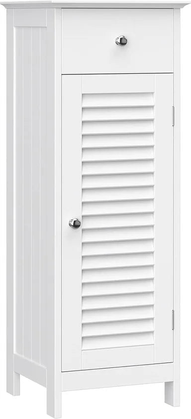 Furnstar Smalle Badkamerkast – Opbergkast met Lade en Lamellendeur – Scandinavische Stijl – 30 x 32 x 87 cm – Wit