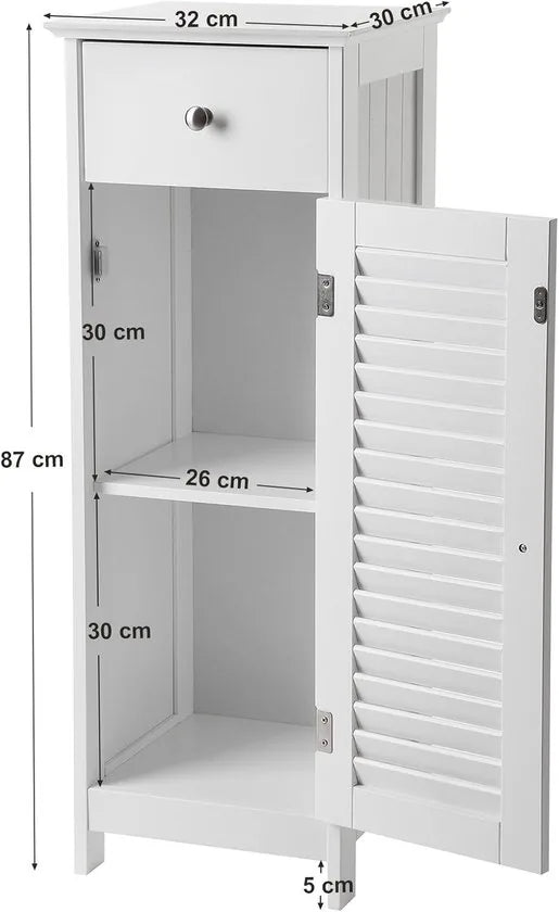 Furnstar Smalle Badkamerkast – Opbergkast met Lade en Lamellendeur – Scandinavische Stijl – 30 x 32 x 87 cm – Wit