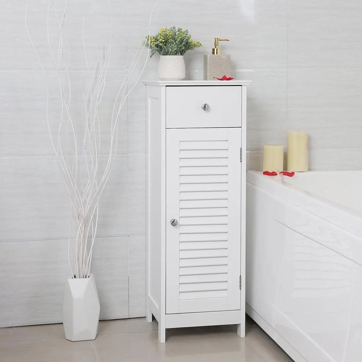 Furnstar Smalle Badkamerkast – Opbergkast met Lade en Lamellendeur – Scandinavische Stijl – 30 x 32 x 87 cm – Wit