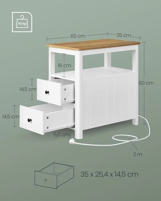 Furnstar Smalle Bijzettafel met Stopcontact – 2 Laden – Tafel voor Kleine Ruimtes – Maritiem Design – Walnootbruin & Wit