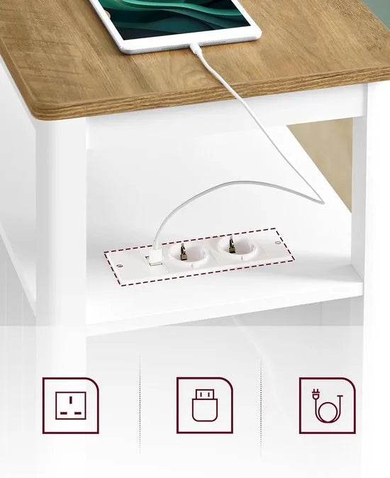 Furnstar Smalle Bijzettafel met Stopcontact – 2 Laden – Tafel voor Kleine Ruimtes – Maritiem Design – Walnootbruin & Wit
