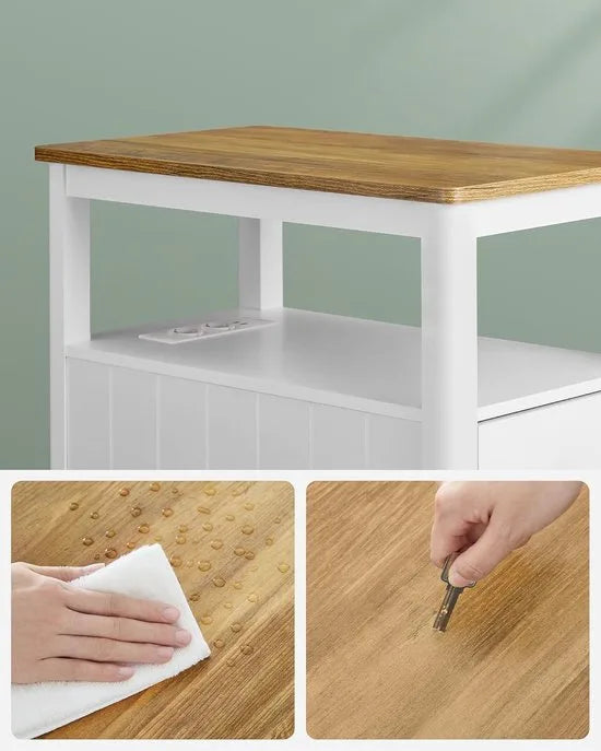 Furnstar Smalle Bijzettafel met Stopcontact – 2 Laden – Tafel voor Kleine Ruimtes – Maritiem Design – Walnootbruin & Wit