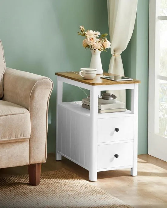 Furnstar Smalle Bijzettafel met Stopcontact – 2 Laden – Tafel voor Kleine Ruimtes – Maritiem Design – Walnootbruin & Wit