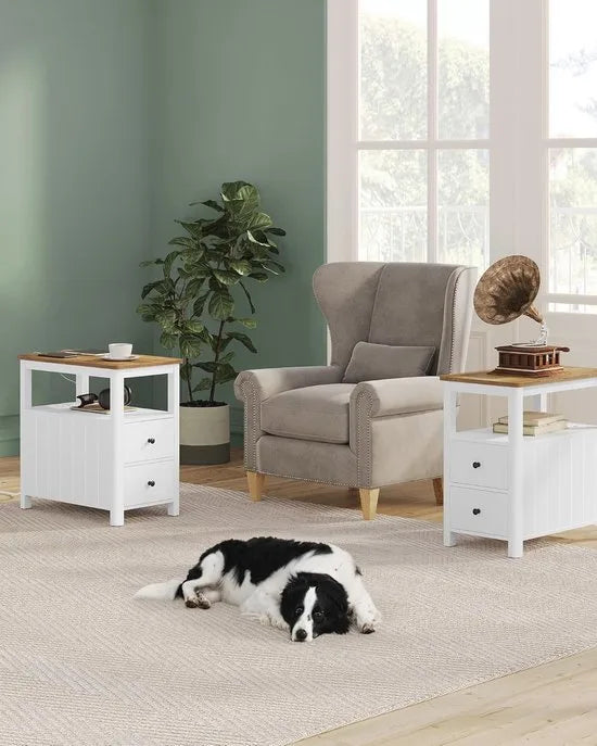 Furnstar Smalle Bijzettafel met Stopcontact – 2 Laden – Tafel voor Kleine Ruimtes – Maritiem Design – Walnootbruin & Wit