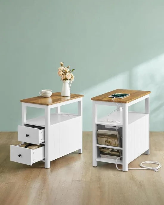 Furnstar Smalle Bijzettafel met Stopcontact – 2 Laden – Tafel voor Kleine Ruimtes – Maritiem Design – Walnootbruin & Wit