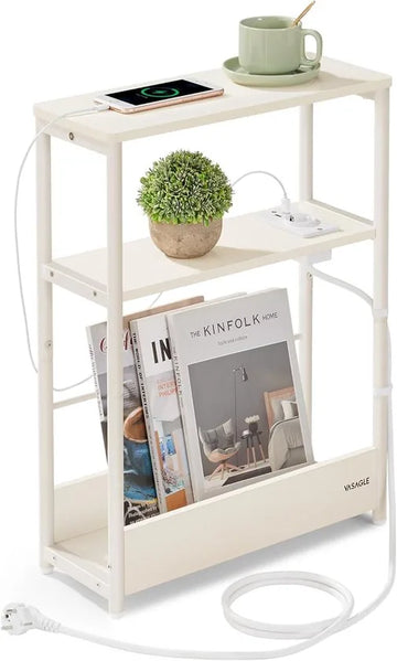 FurnStar – Smalle bijzettafel – Nachtkastje met oplaadfunctie – 3 planken & tijdschriftenhouder – 18 x 45 x 58 cm – Crèmewit