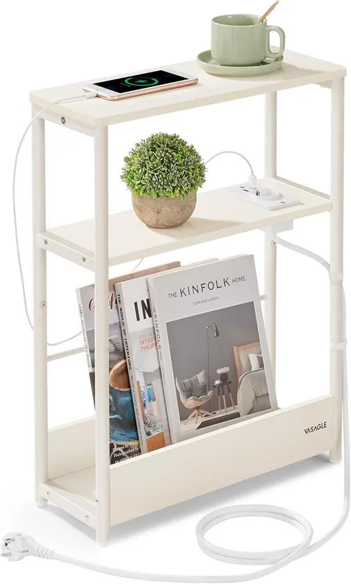 FurnStar – Smalle bijzettafel – Nachtkastje met oplaadfunctie – 3 planken & tijdschriftenhouder – 18 x 45 x 58 cm – Ebbenzwart-inktzwart – Cremewit