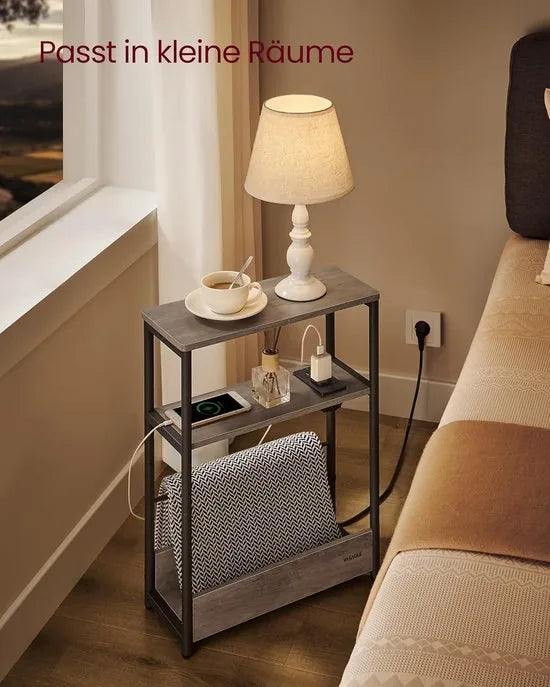 FurnStar – Smalle bijzettafel – Nachtkastje met oplaadfunctie – 3 planken & tijdschriftenhouder – 18 x 45 x 58 cm – Greige gemêleerd-inktzwart