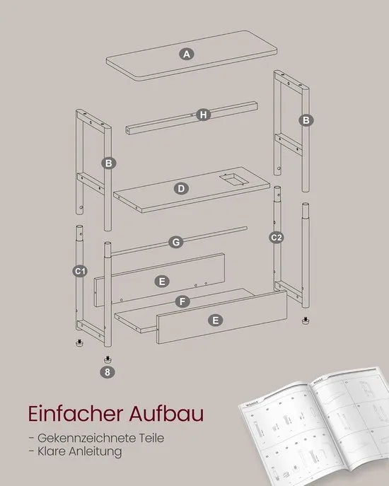 FurnStar – Smalle bijzettafel – Nachtkastje met oplaadfunctie – 3 planken & tijdschriftenhouder – 18 x 45 x 58 cm – Ebbenzwart-inktzwart