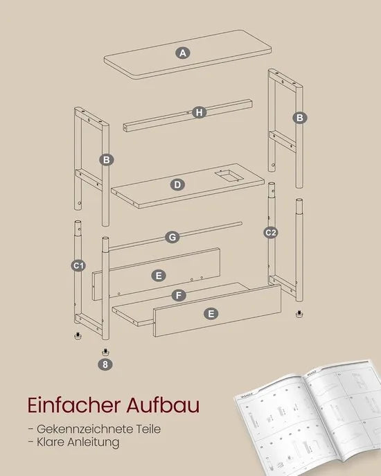 FurnStar – Smalle bijzettafel – Nachtkastje met oplaadfunctie – 3 planken & tijdschriftenhouder – 18 x 45 x 58 cm – Crèmewit