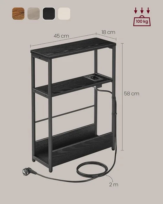 FurnStar – Smalle bijzettafel – Nachtkastje met oplaadfunctie – 3 planken & tijdschriftenhouder – 18 x 45 x 58 cm – Ebbenzwart-inktzwart