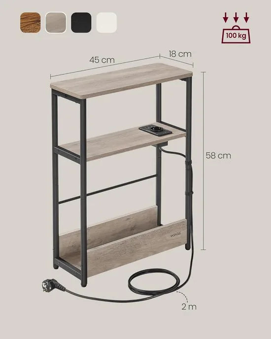 FurnStar – Smalle bijzettafel – Nachtkastje met oplaadfunctie – 3 planken & tijdschriftenhouder – 18 x 45 x 58 cm – Greige gemêleerd-inktzwart