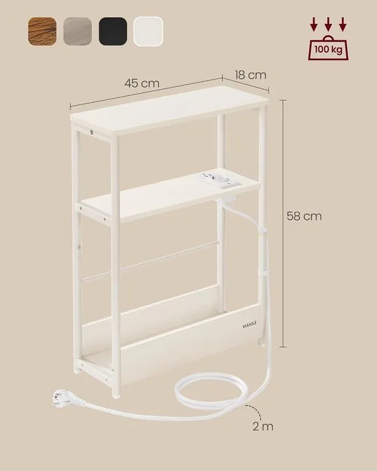 FurnStar – Smalle bijzettafel – Nachtkastje met oplaadfunctie – 3 planken & tijdschriftenhouder – 18 x 45 x 58 cm – Crèmewit