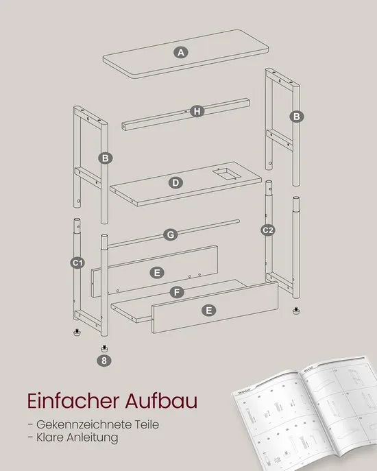 FurnStar – Smalle bijzettafel – Nachtkastje met oplaadfunctie – 3 planken & tijdschriftenhouder – 18 x 45 x 58 cm – Greige gemêleerd-inktzwart