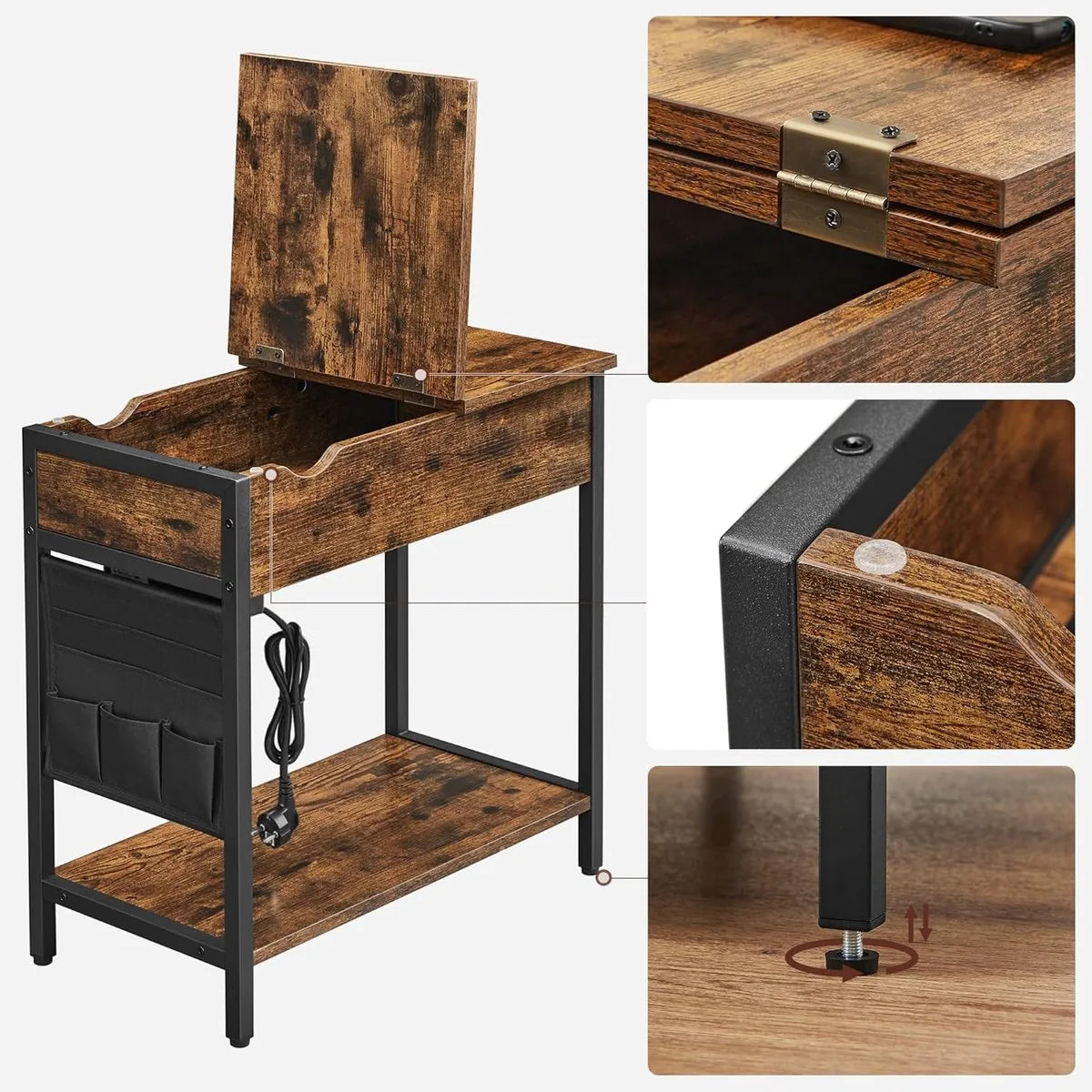FurnStar – Smalle bijzettafel – Nachtkastje met stopcontact & USB-poorten – Inclusief stoffen opbergtas – 31,5 x 60 x 60 cm – Vintage bruin-zwart