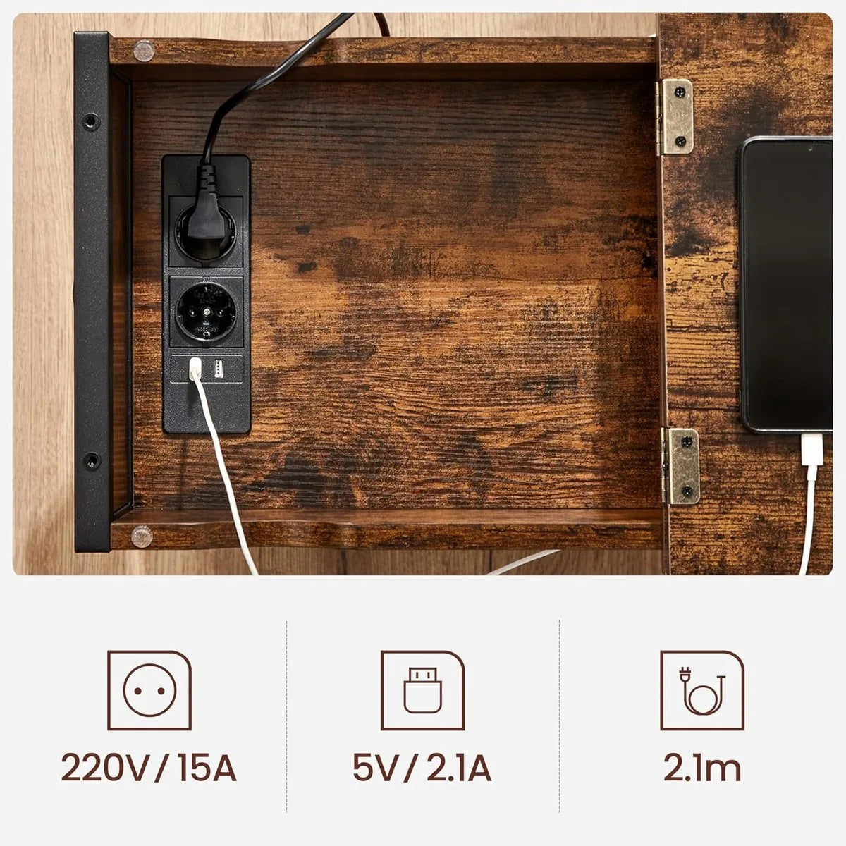 FurnStar – Smalle bijzettafel – Nachtkastje met stopcontact & USB-poorten – Inclusief stoffen opbergtas – 31,5 x 60 x 60 cm – Vintage bruin-zwart
