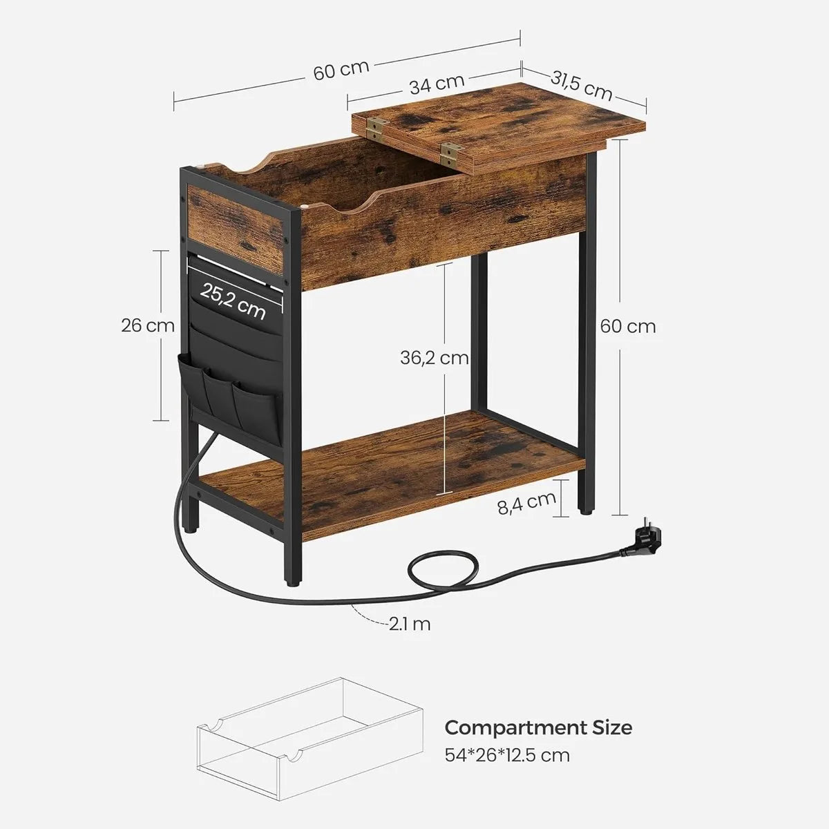 FurnStar – Smalle bijzettafel – Nachtkastje met stopcontact & USB-poorten – Inclusief stoffen opbergtas – 31,5 x 60 x 60 cm – Vintage bruin-zwart