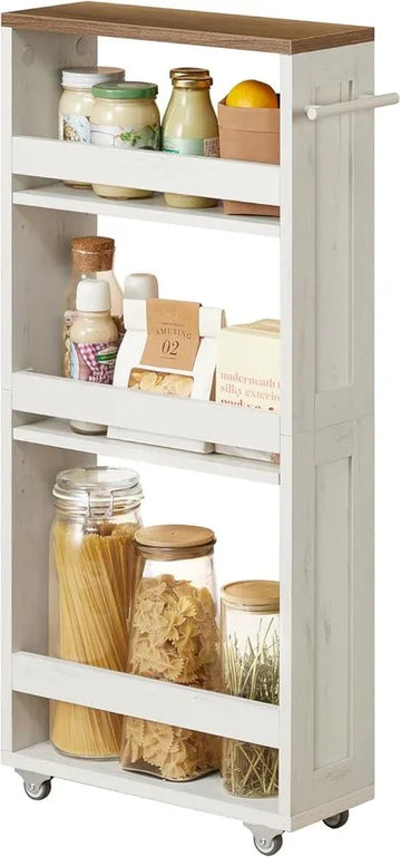 FurnStar Smalle Keukenwagen – 4-Laags Nisrek op Wieltjes – Met Handgreep – 15 x 43,2 x 86,5 cm – Vintage Wit & Honingbruin