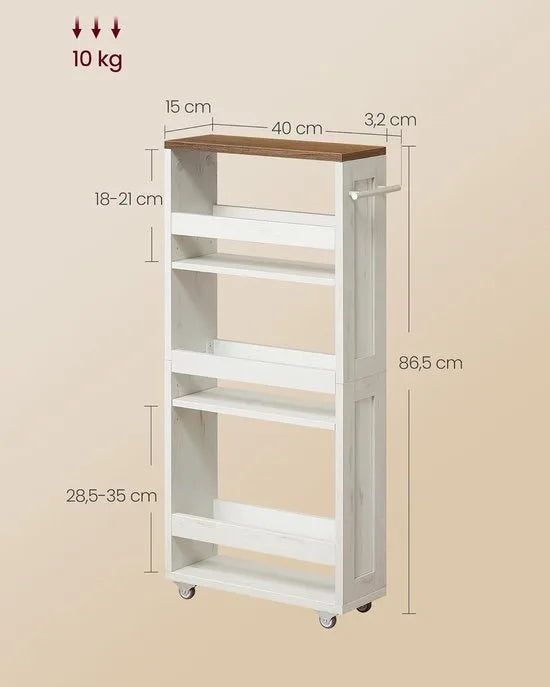 FurnStar Smalle Keukenwagen – 4-Laags Nisrek op Wieltjes – Met Handgreep – 15 x 43,2 x 86,5 cm – Vintage Wit & Honingbruin