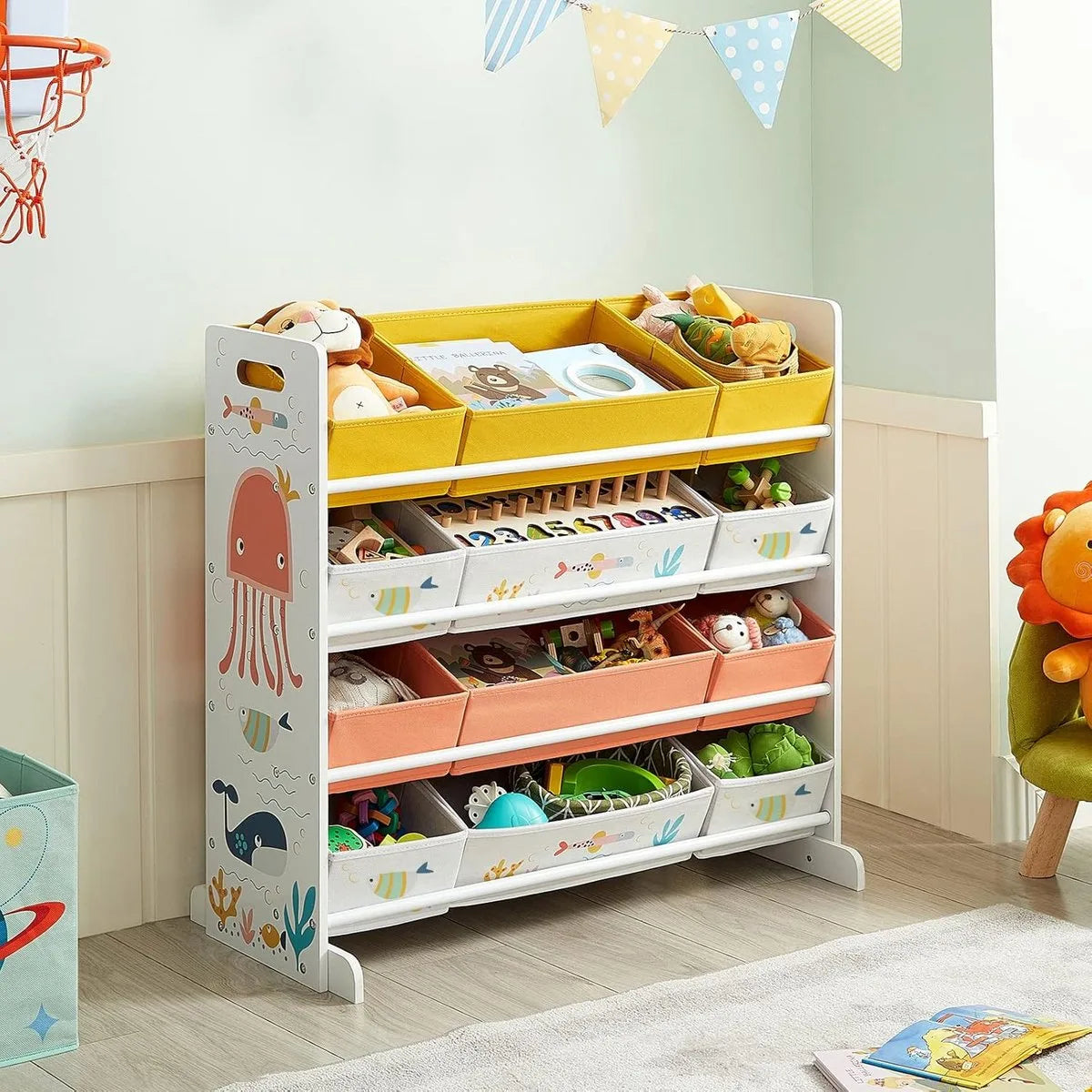 FurnStar - Speelgoedrek - Kinderkamerrek met 12 Stoffen Dozen - Voor Boeken en Speelgoed - Speelgoedorganizer - Kinderkamer - Multifunctioneel - Wit