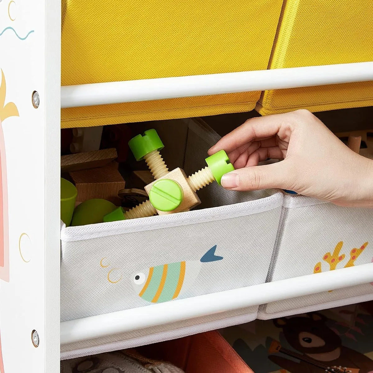 FurnStar - Speelgoedrek - Kinderkamerrek met 12 Stoffen Dozen - Voor Boeken en Speelgoed - Speelgoedorganizer - Kinderkamer - Multifunctioneel - Wit