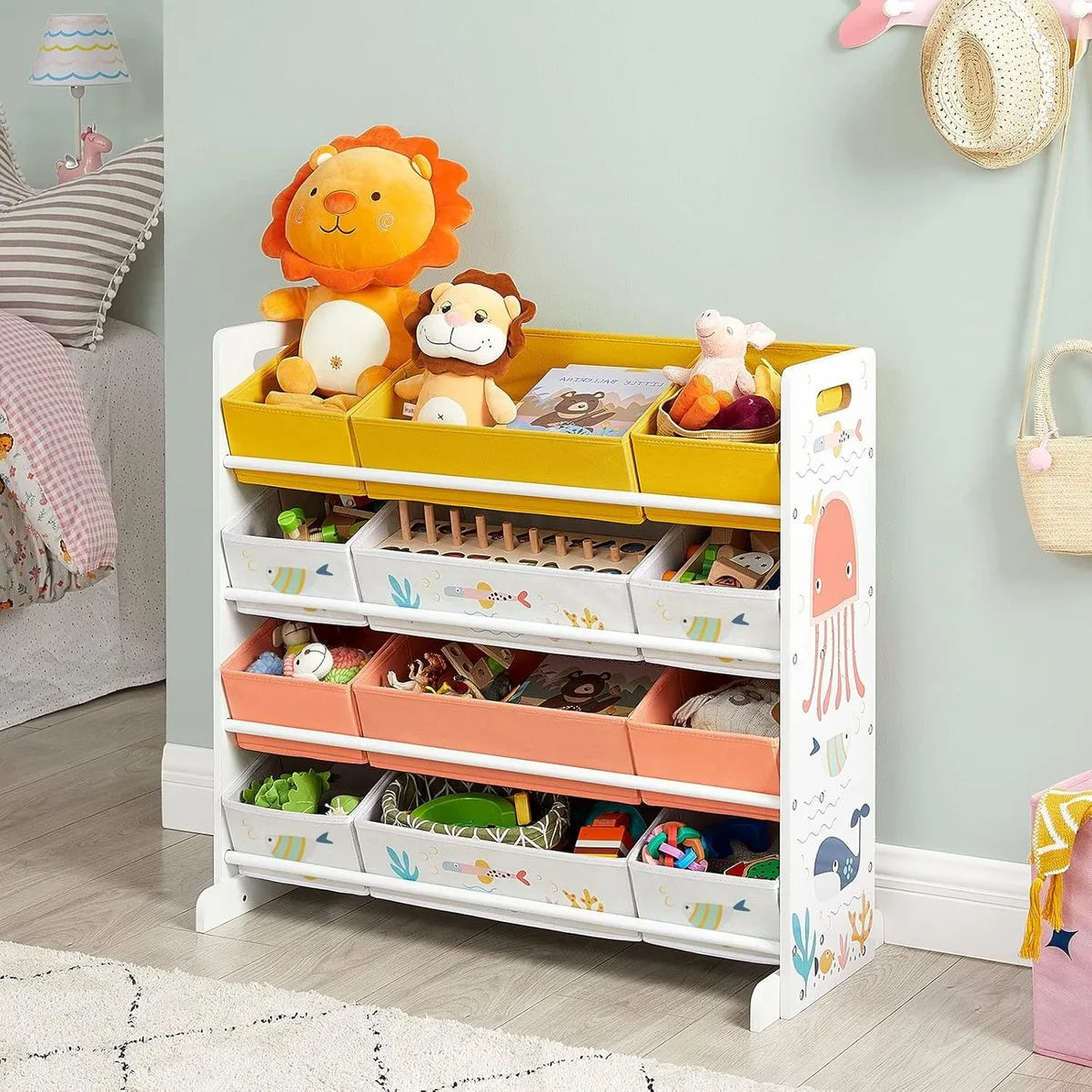 FurnStar - Speelgoedrek - Kinderkamerrek met 12 Stoffen Dozen - Voor Boeken en Speelgoed - Speelgoedorganizer - Kinderkamer - Multifunctioneel - Wit