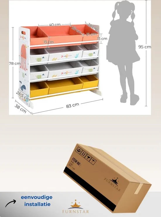 FurnStar - Speelgoedrek - Kinderkamerrek met 12 Stoffen Dozen - Voor Boeken en Speelgoed - Speelgoedorganizer - Kinderkamer - Multifunctioneel - Wit