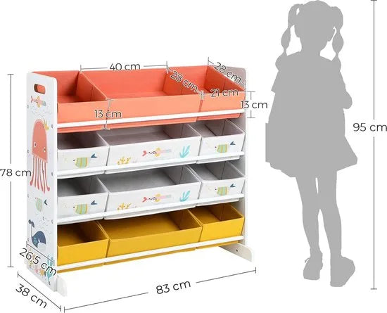 FurnStar - Speelgoedrek - Kinderkamerrek met 12 Stoffen Dozen - Voor Boeken en Speelgoed - Speelgoedorganizer - Kinderkamer - Multifunctioneel - Wit