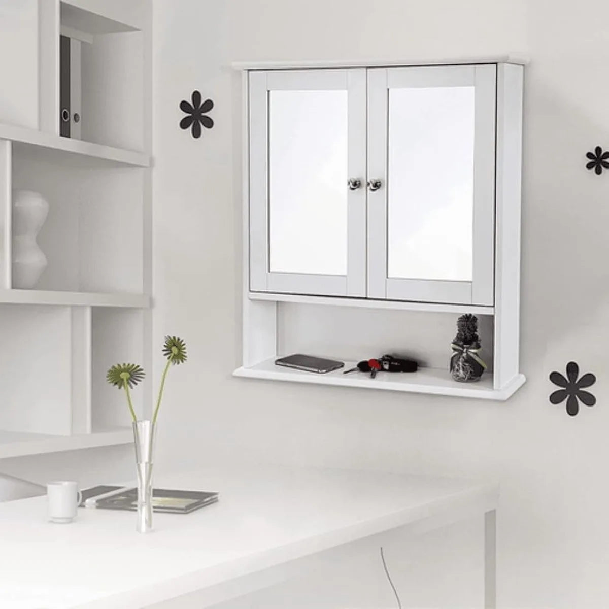 FurnStar - Spiegelkast - Badkamerkast - Hangkast - Spiegel met opbergruimte van hout - 56,5 x 13 x 58,5 cm - Wit