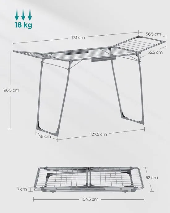 FurnStar Staand Droogrek - Wasrek Met Vleugels, Met Sokkenhouder - Droogrek Voor Wasgoed - Grijs - 56,5 x 173 x 96,5 cm