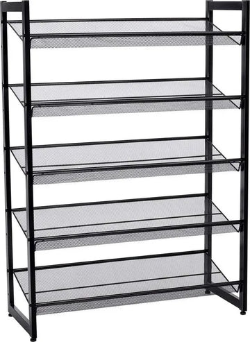 Furnstar Stapelbaar schoenenrek - 5 laags schoenenorganizer - Metalen schoenenplank met verstelbare platte of schuine planken - Beschermrails - 30.5 x 74 x 103.8 cm - Biedt plaats aan 15 - 20 paar - Zwart
