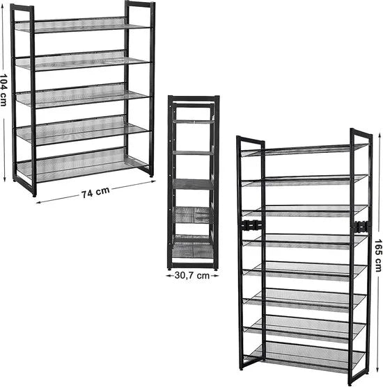 Furnstar Stapelbaar schoenenrek - 5 laags schoenenorganizer - Metalen schoenenplank met verstelbare platte of schuine planken - Beschermrails - 30.5 x 74 x 103.8 cm - Biedt plaats aan 15 - 20 paar - Zwart