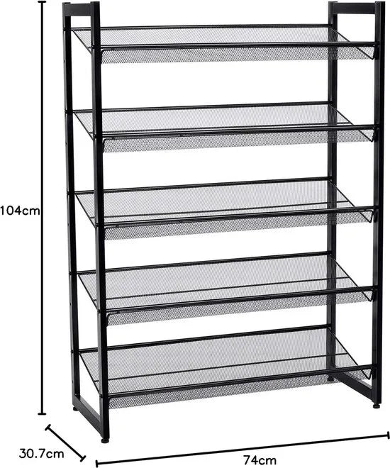 Furnstar Stapelbaar schoenenrek - 5 laags schoenenorganizer - Metalen schoenenplank met verstelbare platte of schuine planken - Beschermrails - 30.5 x 74 x 103.8 cm - Biedt plaats aan 15 - 20 paar - Zwart