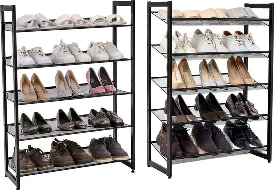 Furnstar Stapelbaar schoenenrek - 5 laags schoenenorganizer - Metalen schoenenplank met verstelbare platte of schuine planken - Beschermrails - 30.5 x 74 x 103.8 cm - Biedt plaats aan 15 - 20 paar - Zwart