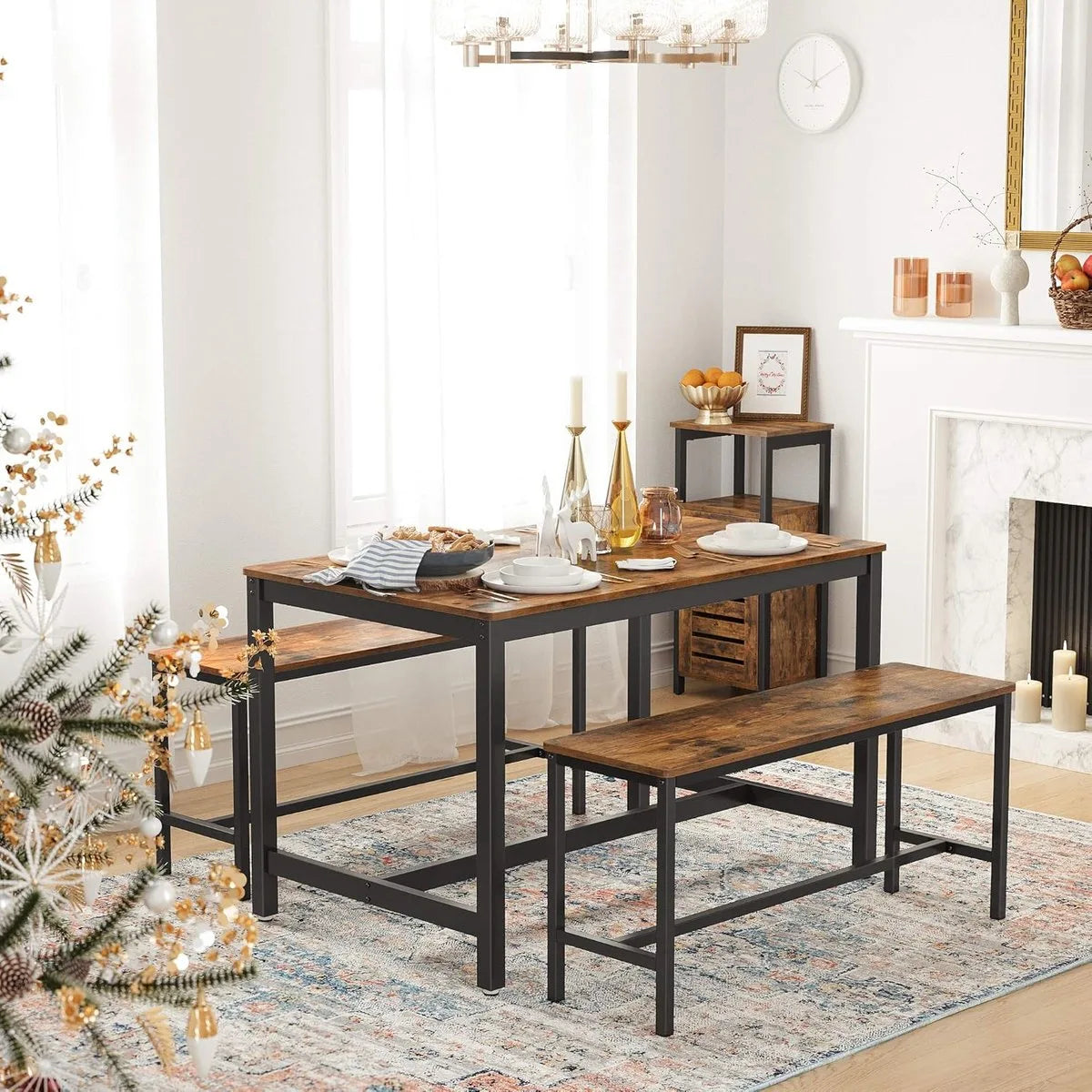 FurnStar Tafelbanken Set van 2 – Industriële Binnenbanken met Duurzaam Metalen Frame – 108 x 32,5 x 50 cm – Voor Keuken, Eetkamer of Woonkamer – Rustiek Bruin