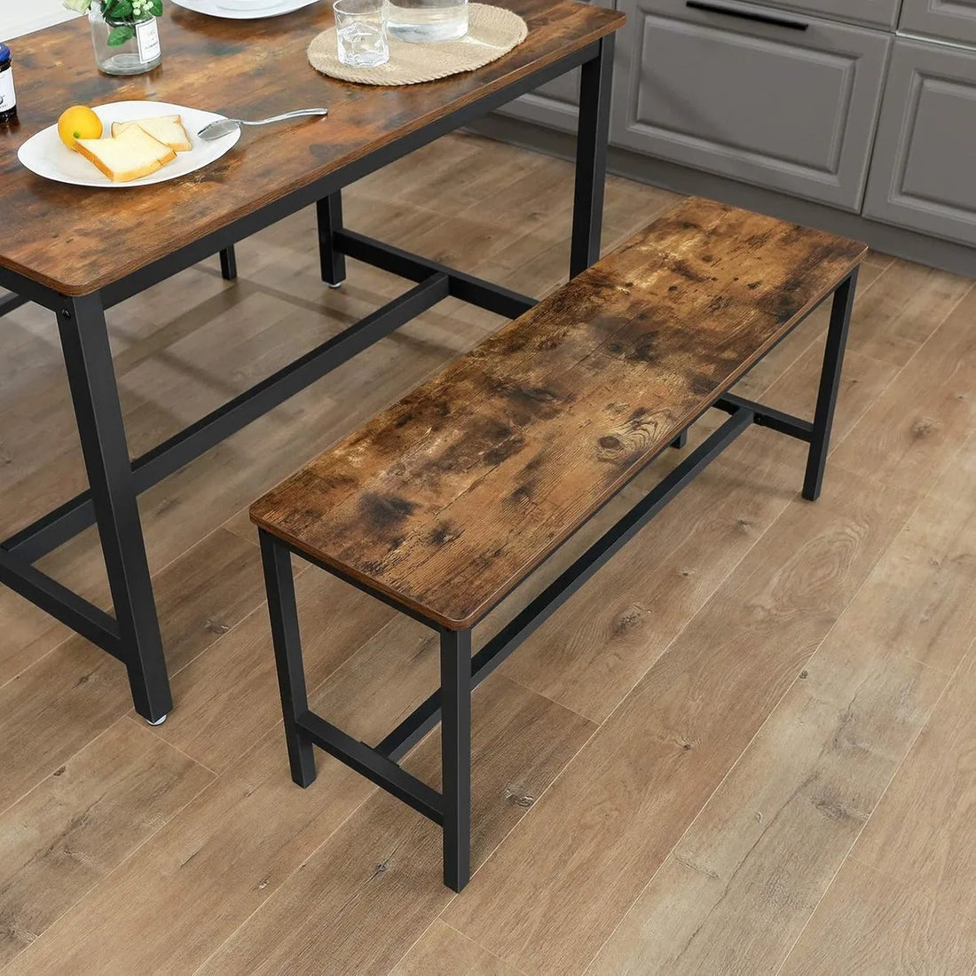 FurnStar Tafelbanken Set van 2 – Industriële Binnenbanken met Duurzaam Metalen Frame – 108 x 32,5 x 50 cm – Voor Keuken, Eetkamer of Woonkamer – Rustiek Bruin