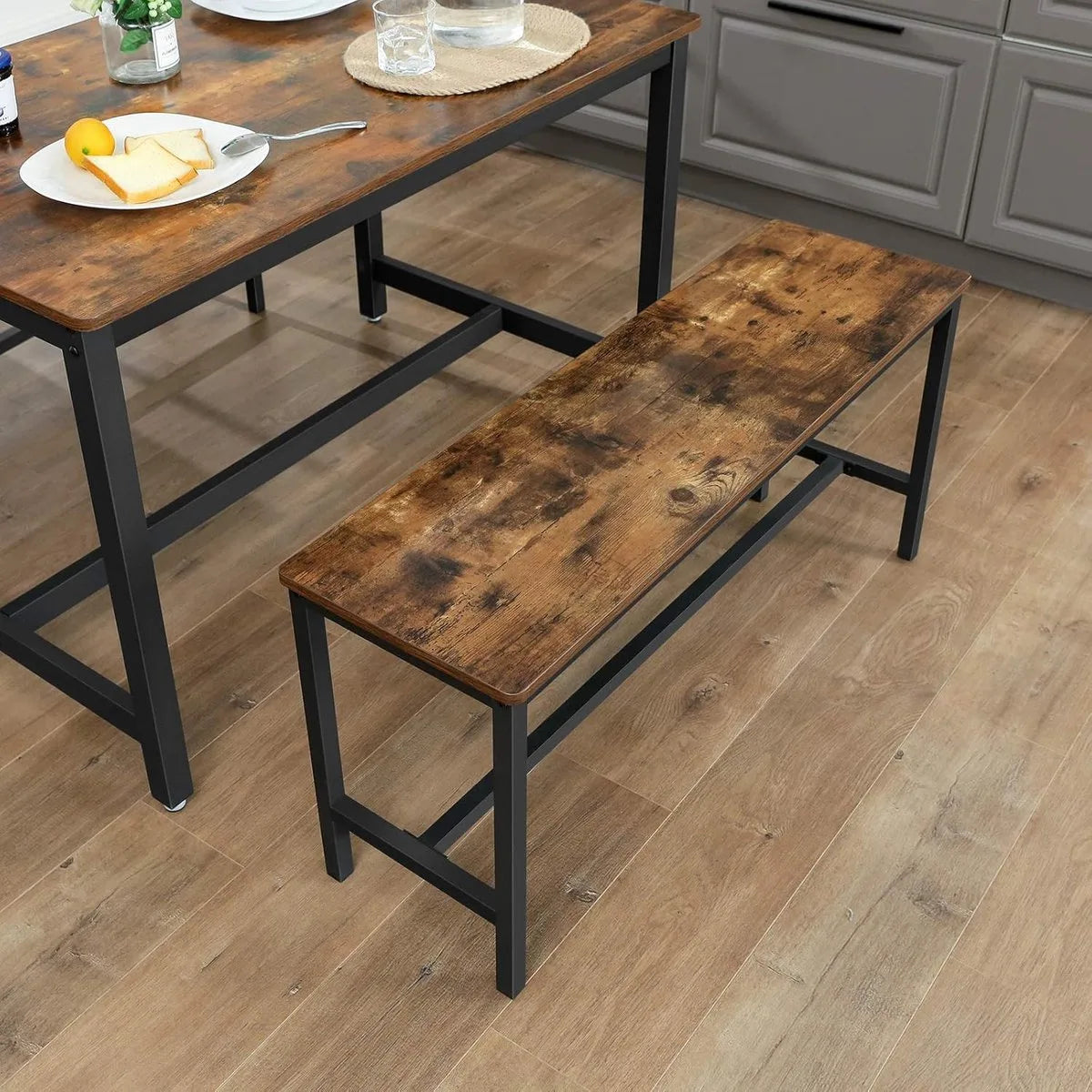 FurnStar Tafelbanken Set van 2 – Industriële Binnenbanken met Duurzaam Metalen Frame – 108 x 32,5 x 50 cm – Voor Keuken, Eetkamer of Woonkamer – Rustiek Bruin