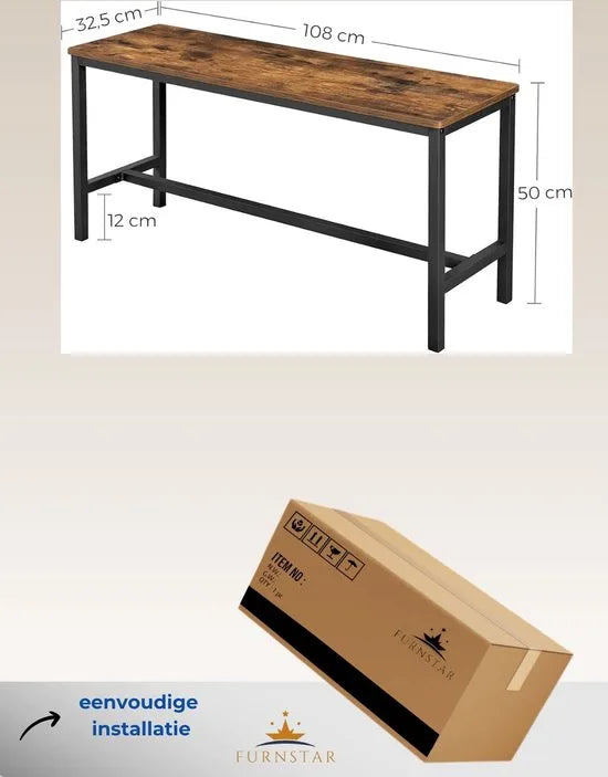 FurnStar Tafelbanken Set van 2 – Industriële Binnenbanken met Duurzaam Metalen Frame – 108 x 32,5 x 50 cm – Voor Keuken, Eetkamer of Woonkamer – Rustiek Bruin