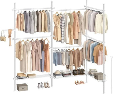 FurnStar - Telescopische kledingstandaard - 3-Traps garderobe - In hoogte en breedte verstelbaar - Open kledingkast met 6 kledingstangen en 3 afneembare planken - Grijparm - 34 x 353 x 310 cm - Mat wit